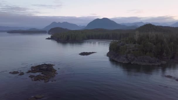 在阳光明媚的夏日日出时 太平洋沿岸美丽的自然海景的鸟瞰图 视频拍摄在托菲诺 温哥华岛 不列颠哥伦比亚省 加拿大 — 图库视频影像
