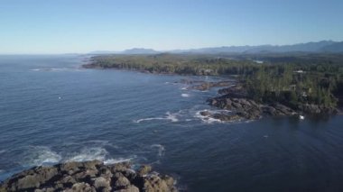Pasifik Okyanusu güzel kayalık kıyısında bir yaz sabahı sırasında hava görünümünü. Ucluelet, Vancouver Adası, British Columbia, Kanada çekilen video.