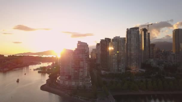 鸟瞰美丽的旅游城市天际线在一个丰富多彩的 充满活力的夏季日落 在位于加拿大不列颠哥伦比亚省温哥华市区的假溪边拍摄 — 图库视频影像