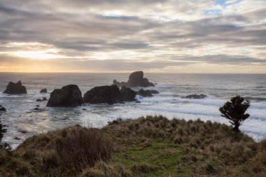 Seascape view of a Beautiful Pacific Ocean Coast with a rugged rocky formation. Taken in Ecola State Park, Seaside, Cannon Beach, Oregon, USA. clipart