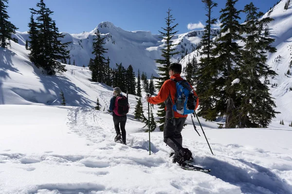 Hombre Mujer Aventureros Están Haciendo Raquetas Nieve Nieve Tomado Artist — Foto de Stock