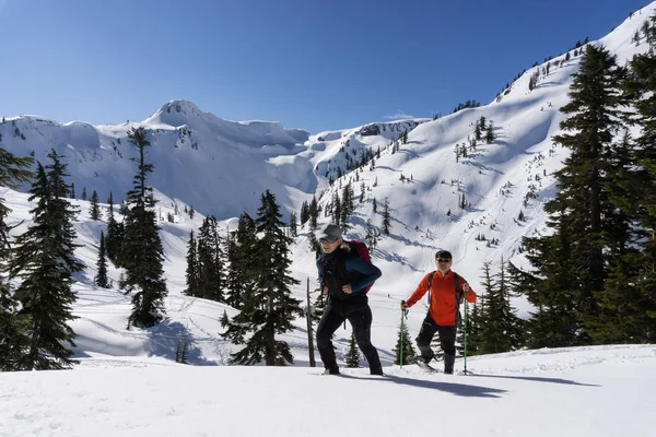 Maceracı Erkek Kadın Karda Snowshoeing Alınan Sanatçı Noktasında Kuzeydoğusunda Seattle — Stok fotoğraf