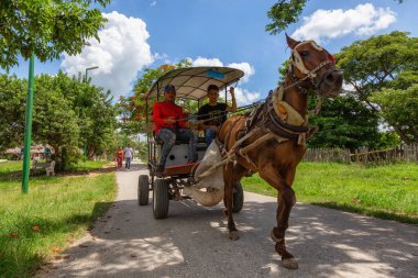 Ciego de Avila, Orta Küba - 14 Haziran 2019: Bulutlu ve güneşli bir yaz gününde küçük bir Küba kasabasının yeşil parkında at arabası sürmek.