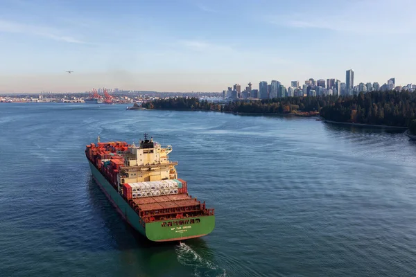 Vancouver British Columbia Canada October 2019 Aerial View Cargo Ship — Zdjęcie stockowe