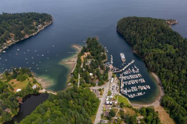 Snug Koyu, Bowen Adası, British Columbia, Kanada. Howe Sound 'daki Vancouver yakınlarında bir marina ve feribot terminalinin havadan görüntüsü..
