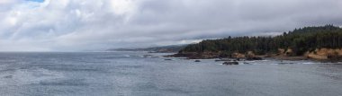 Pasifik Okyanusu kıyısında bulutlu bir yaz gününde Lincoln Sahili 'nin güzel Panoramik Manzarası. Kazan Koyu Eyalet Sahne Bakış Açısı, Oregon, ABD.