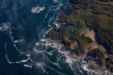 Güneşli bir yaz sabahı boyunca Pasifik Okyanusu 'nun güzel hava manzarası. Pasifik Rim Ulusal Parkı, Tofino ve Ucluelet 'in güneyi, Vancouver Adası, British Columbia, Kanada.