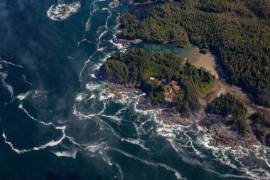 Güneşli bir yaz sabahı boyunca Pasifik Okyanusu 'nun güzel hava manzarası. Pasifik Rim Ulusal Parkı, Tofino ve Ucluelet 'in güneyi, Vancouver Adası, British Columbia, Kanada.