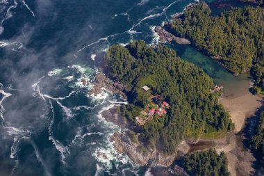 Güneşli bir yaz sabahı boyunca Pasifik Okyanusu 'nun güzel hava manzarası. Pasifik Rim Ulusal Parkı, Tofino ve Ucluelet 'in güneyi, Vancouver Adası, British Columbia, Kanada.