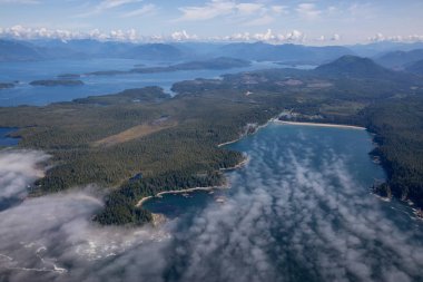 Güneşli bir yaz sabahı, arka planında Kıyı Dağları olan güzel Pasifik Okyanusu Sahili manzarası. Tofino ve Ucluelet 'in güneyi, Vancouver Adası, British Columbia, Kanada.