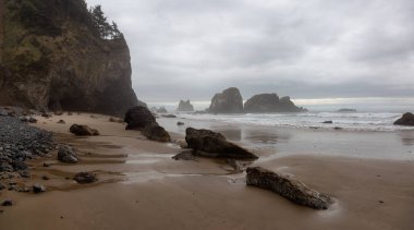Ecola State Park, Cannon Beach, Oregon, ABD. Pasifik Okyanusu kıyısındaki Sandy ve Rocky Sahili 'nin güzel Panoramik Manzarası bulutlu bir yaz gündoğumu sırasında.