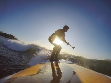 Maceraperest sörfçü adam sonbahar sezonunda güneşli bir sabahta okyanusta sörf yapıyor. Long Beach, Tofino, Vancouver Adası, Bc, Kanada.