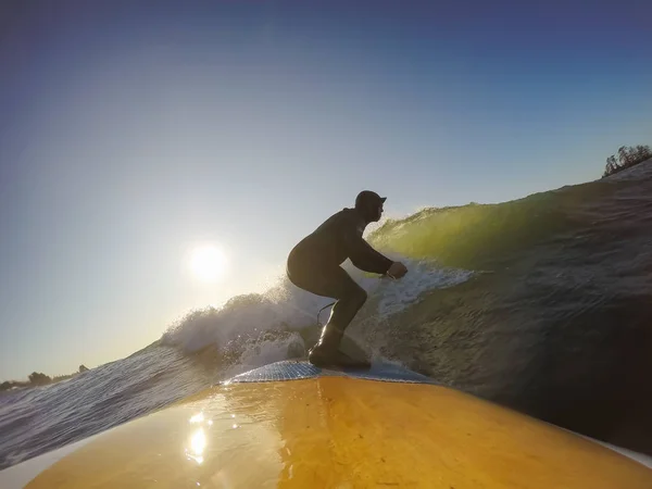 Adventurous Man Surfer Paddle Board Surfing Ocean Sunny Morning Fall — Stock Photo, Image