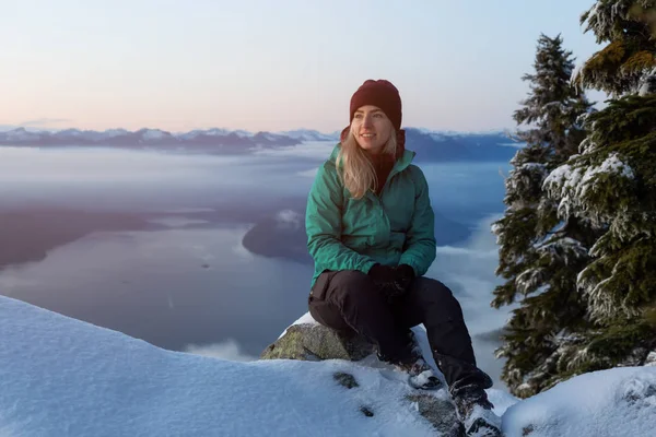 Adventurous Blond Caucasian Girl Sitting Top Snow Covered Mountain Colorful — Stock Photo, Image