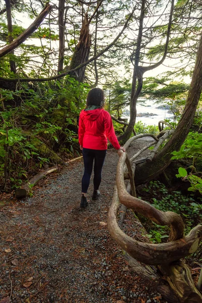 Kalandos Lány Sétál Egy Erdőben Gyönyörű Kilátással Óceán Partján Egy — Stock Fotó