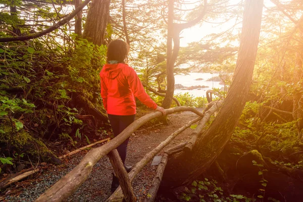 Menina Aventurosa Andando Uma Floresta Com Uma Bela Vista Sobre — Fotografia de Stock