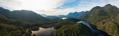 Parlak güneşli bir günde Larry Gölü 'nün güzel hava panoramik manzarası. Vancouver Adası 'nın batı kıyısında, Tofino ve Ucluelet yakınlarında, British Columbia, Kanada.