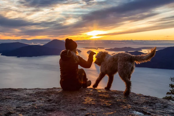 Adventurosa menina Caminhadas no topo de uma montanha com um cão — Fotografia de Stock