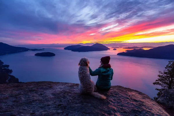 Девочка-туристка на вершине горы с собакой — стоковое фото
