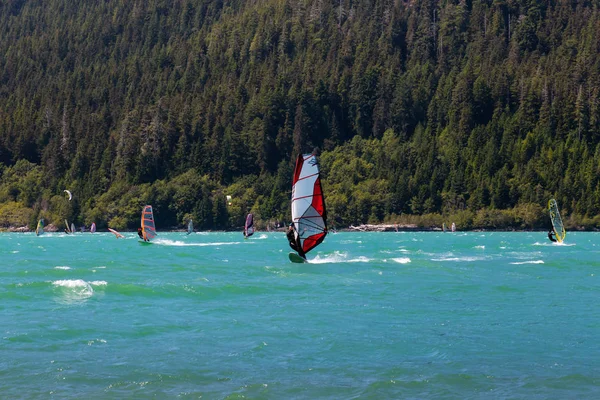 People windsurfing and kite surfing in a lake during a sunny summer day — Stock Photo, Image