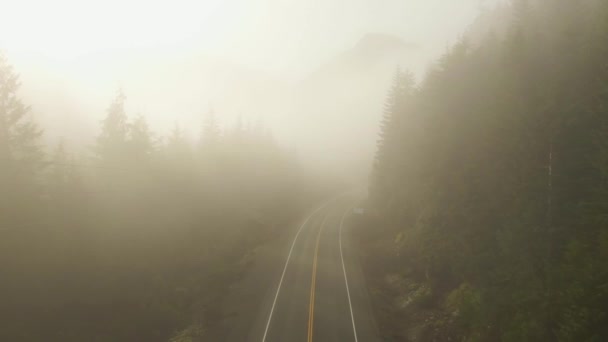 Aerial view of a scenic road during a foggy and sunny day — 비디오