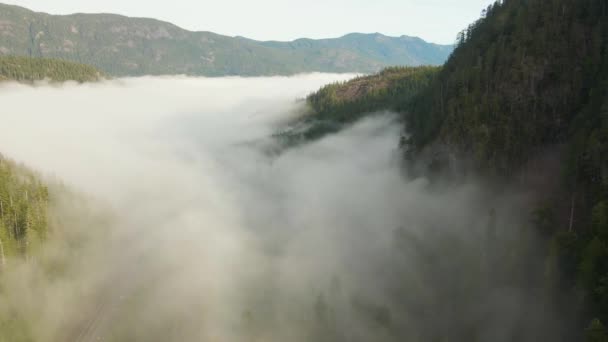 Vista aérea del hermoso paisaje montañoso canadiense sobre las nubes durante un día soleado — Vídeos de Stock