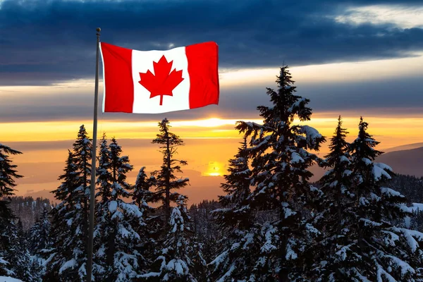 Bandeira Nacional Canadense Com Bela Paisagem Natural Vista Topo Montanha — Fotografia de Stock