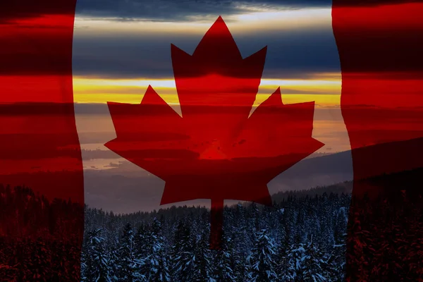 Bandera Nacional Canadiense Con Hermosa Vista Del Paisaje Naturaleza Desde — Foto de Stock