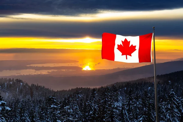 Bandera Nacional Canadiense Con Hermosa Vista Del Paisaje Naturaleza Desde — Foto de Stock