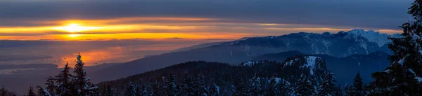 在一个生机勃勃的冬日落日中 从山巅到市中心背景的美丽的全景自然景观 在加拿大不列颠哥伦比亚省温哥华Seymour拍摄 — 图库照片