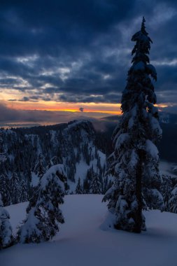 Kanada Doğa Sahası, renkli ve canlı kış günbatımında taze beyaz karla kaplıdır. Seymour Dağı, Kuzey Vancouver, British Columbia, Kanada.