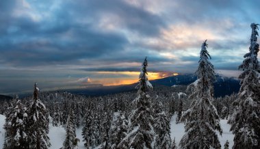 Güzel Panoramik Doğa Manzarası. Canlı bir kış günbatımında Dağın tepesinden ve Şehir merkezinden. Seymour, Vancouver, British Columbia, Kanada 'da çekildi.