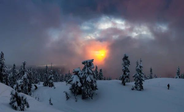 Canadian Nature Landscape Coperto Neve Fresca Bianca Durante Coloratissimo Tramonto — Foto Stock