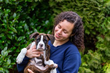 Bahçesinde küçük şirin bir boksör köpeği olan beyaz, beyaz, beyaz bir kadın. Vancouver, British Columbia, Kanada 'da çekildi..