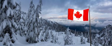 Kanada Doğa Sahası, renkli kış günbatımında taze beyaz karla kaplıdır. Seymour Dağı, Kuzey Vancouver, British Columbia, Kanada 'da çekildi. Kanada Bayrak Birleşimi