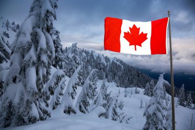 Kanada Doğa Sahası, renkli kış günbatımında taze beyaz karla kaplıdır. Seymour Dağı, Kuzey Vancouver, British Columbia, Kanada 'da çekildi. Kanada Bayrak Birleşimi
