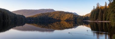 Gün batımında Kanada Dağ Manzarası ile çevrili güzel ve panoramik bir göl manzarası. White Pine Beach, Port Moody, Vancouver, British Columbia, Kanada 'da çekilmiş. Panorama