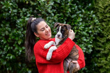 Bahçesinde küçük şirin bir boksör köpeği olan beyaz, beyaz bir kız. Vancouver, British Columbia, Kanada 'da çekildi..