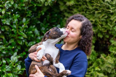 Bahçesinde küçük şirin bir boksör köpeği olan beyaz, beyaz, beyaz bir kadın. Vancouver, British Columbia, Kanada 'da çekildi..