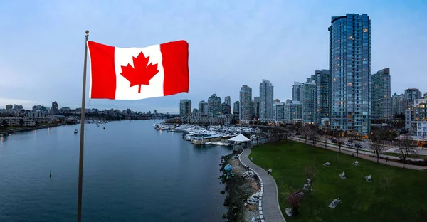 Canadian Flag Downtown Vancouver British Columbia Canada Beautiful Aerial Panoramic — Stock Photo, Image