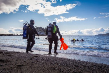 Horseshoe Bay, West Vancouver, British Columbia, Canada - Feb 29, 2020: Scuba Diver getting ready to go diving at Whytecliff Park during sunny winter day.
