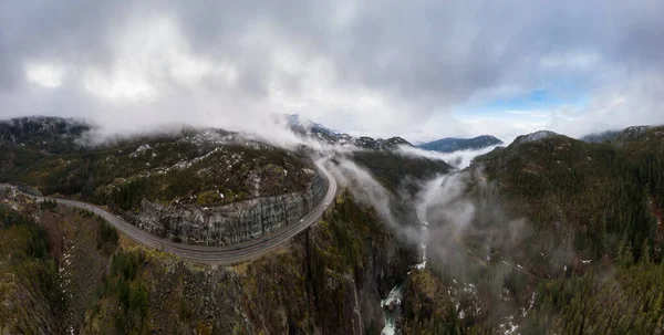 Aerial Panoramic Drone View Sea Sky Highway Cloudy Winter Morning — Stock Photo, Image