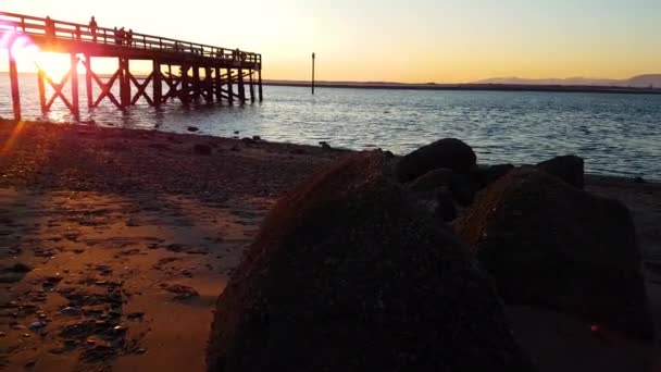 Chica caminando en la hermosa orilla del océano cerca de un muelle de madera — Vídeos de Stock