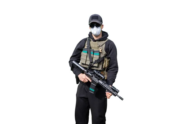 Armeemensch Taktischer Uniform Und Maschinengewehr Händen Und Zielen Isoliert Auf — Stockfoto