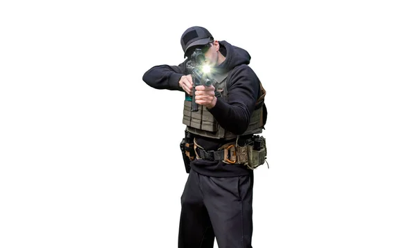 Army Man Vestindo Uniforme Tático Segurando Metralhadora Mãos Apontando Isolado — Fotografia de Stock