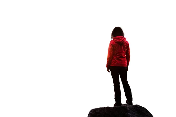 Caminhante feminina aventurosa com as mãos no topo de um penhasco rochoso íngreme — Fotografia de Stock