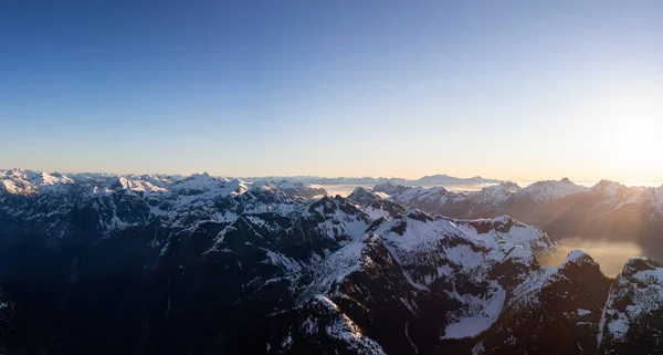 Aerial Panoramic View of Remote Canadian Mountain Landscape during sunny sunrise — Stock Photo, Image