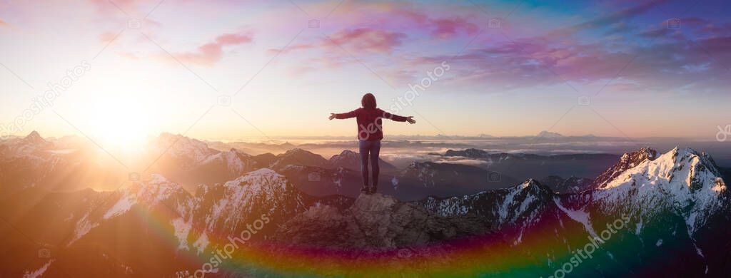 Magical Fantasy Adventure Composite of Girl Hiking on top of a rocky mountain