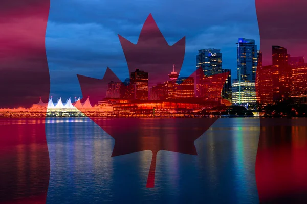 National Canadian Flag with Modern Downtown City in Background — стокове фото