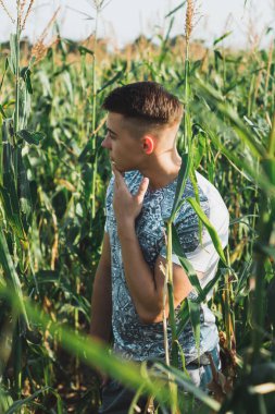 Mısır tarlasında bir genç çocuk portresi